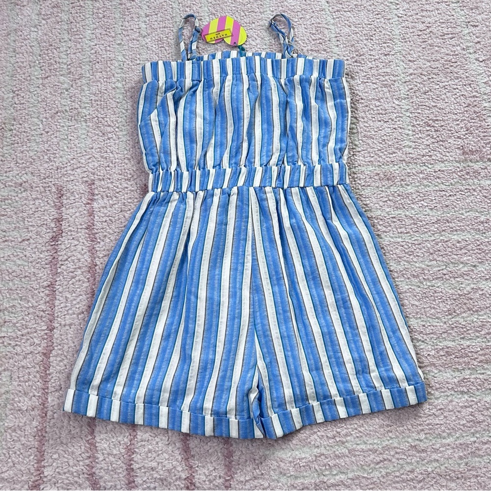 NWT Hayden Girls Striped Blue and White Romper 100% Cotton Size 10 Spring Summer - Picture 2 of 11